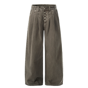 Pantalon en jean taille haute à jambe large pour homme, coupe ample, en coton délavé, style décontracté, couleur unie, avec boutons sur le devant, collection automne - Product Image 2