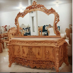 Dark teak wooden vanity console <b>table</b> with intricate pinecone carvings and mirror, available at wholesale prices. - Product Image 5