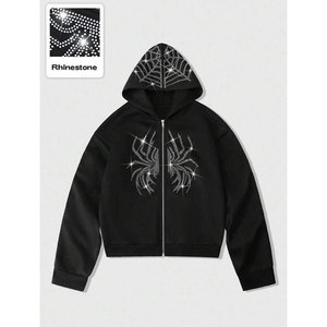 Sweat-shirt à capuche unisexe court en molleton de coton épais, imprimé graphique araignée avec strass, coupe oversize, écologique - Product Image 4