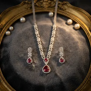 Ensemble de bijoux de mariage pour femmes, plaqué rhodium, pendentif en zircon taille poire, collier au design classique en forme de goutte d'eau - Product Image 3