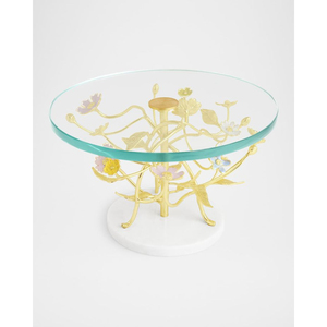 Eye Catching Look Round Glass Stand With Gold Floral Base And White Marble Foot For Elegant Dinnerware <b>Table</b> Decor Cake Stand - Product Image 1