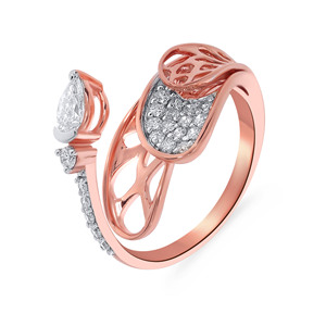 Overlapped Flutter Diamond <b>Ring</b> 14K Rose Gold Pear Cut Diamond Bypass <b>Ring</b> with Full Pave Diamond Shank and Openwork Floral - Product Image 3