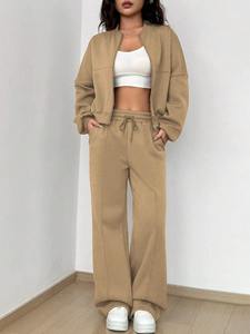 Custom Women's Beige Cropped <b>Zip</b> Hoodie Wide Leg Sweatpants Tracksuit Set Cotton Fleece OEM Private Label Manufacturer - Product Image 4