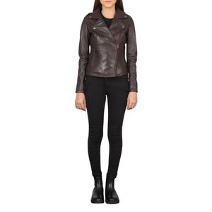 Chaqueta de Motociclista de Cuero Marrón para Mujer, Cuello Camisero, Cierre de Cremallera, Manga Larga, Resistente al Viento - Product Image 1