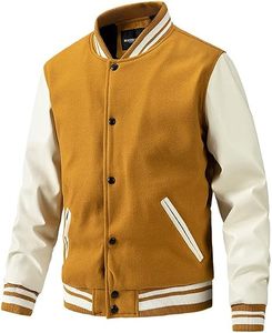 Chaqueta Varsity Unisex Color Mostaza y Blanca, Estilo Vintage, Transpirable, Informal, para Otoño, Corte Regular, Cuello Camisero con Botones - Product Image 1