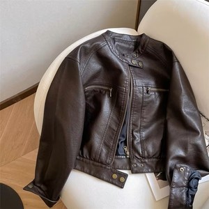 <b>Women's</b> <b>Brown</b> Genuine <b>Leather</b> Eco-Friendly Winter Moto <b>Jacket</b> Turn-down Collar Single Button Closure Long Sleeve Short - Product Image 1