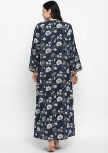 Soldes d'été Navy Cotton Lounge Wear Dress Hand Block Printed Beige Floral Long Sleeves Floor-Length Natural Waistline Front Zip - Product Image 4
