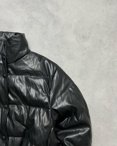 Wholesale High Quality Black PU Leather <b>Puffer</b> <b>Jacket</b> Custom <b>Cropped</b> Stand Collar Button Front Oversized Warm Winter Bubble Coat - Product Image 5