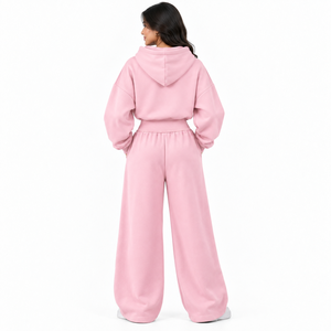 2027 Trendy <b>Women</b> Pink Crop Hoodie Wide Leg Sweatpants Tracksuit Heavyweight Fleece Hooded <b>Sweatsuit</b> Printed Arch Puff Logo Sets - Product Image 2