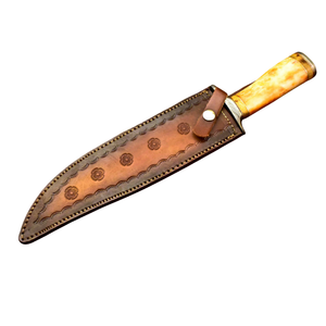 Cuchillos Bowie de Acero de Damasco Hechos a Mano con Mango de Hueso de Camello Amarillo, Funda de Cuero Marrón, Hoja Fija, Cuchillo de Caza para Exteriores - Product Image 1