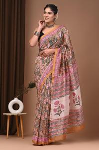 Sari en soie Chanderi imprimé au bloc de qualité supérieure avec Zari doré pour femmes, vêtement indien traditionnel doux et léger - Product Image 1