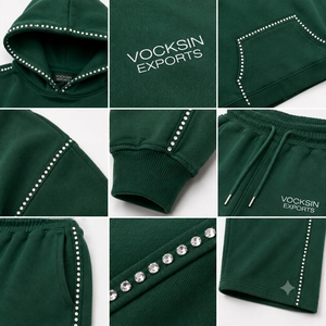 Vocksin Exports Ensemble de survêtement pour femme, vert émeraude, avec finition en strass, comprenant un sweat à capuche court et un pantalon de survêtement à jambe large, qualité premium, style streetwear, 100% coton - Product Image 4