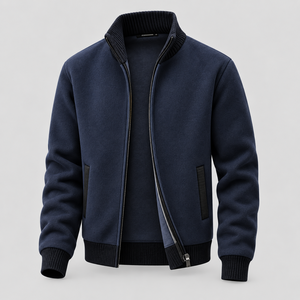 Cardigan en molleton tricoté à col roulé et fermeture éclair intégrale pour homme, avec bordure contrastante, style décontracté chic, vente en gros - Product Image 1