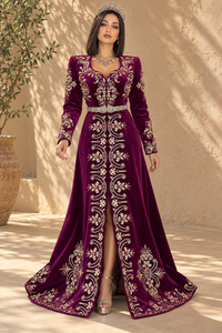 Caftan algérien maxi de luxe en velours brodé, col en V, respirant, élégant, pour femme, mariage - Product Image 5