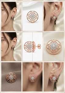 Pendientes de botón vintage chapados en oro rosa y rodio con diamantes de laboratorio de corte brillante redondo para mujer, para uso diario, bodas y fiestas. - Product Image 2