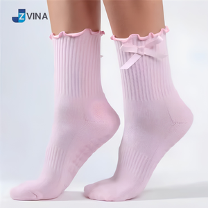 JZVINA Calcetines rosas hasta el tobillo para mujer con volantes y decoraciones de lazo, calcetines antideslizantes para Pilates, Yoga, Barre Studio - Product Image 2