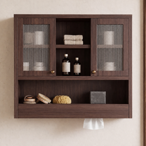 Armoire murale de luxe en teck foncé avec portes en verre cannelé, 3 niveaux, pour salle de bain, avec emplacement pour les mouchoirs - Product Image 1