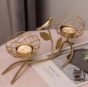 Golden Leaf Candle <b>Stand</b> with <b>Bird</b> and Cage Design Brass Home Decor Heat Resistant Metal Holder - Product Image 6