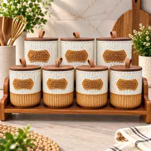 Collection de pots de cuisine rustiques en céramique avec couvercle en bambou et base en rotin tressé, couvercle moderne de luxe, multifonction, 201-300 ml - Product Image 1