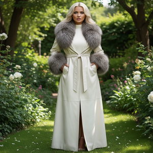 Abrigo largo de piel de pez para mujer con diseño de cinturón y forro de seda personalizado, con piel de zorro, al por mayor - Product Image 5