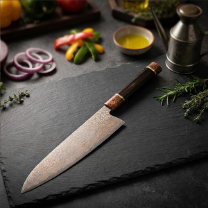Couteau artisanal en acier damas cuivré avec lame à motifs élégants, manche personnalisé, outil de découpe de cuisine haut de gamme fait main - Product Image 4