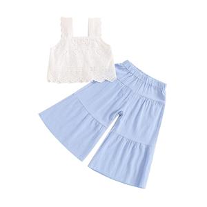 Conjunto de 2 Piezas para Bebés y Niñas Pequeñas, Top sin Mangas con Encaje y Pantalones Anchos Casuales con Elástico, Ropa Transpirable de Color Sólido - Product Image 5