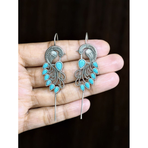 Pendientes colgantes vintage con piedra azul turquesa de pavo real – Joyería étnica bohemia de plata antigua para mujer - Product Image 1