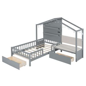 Letto a forma di casa grigio per bambini, con divano imbottito, stazione di ricarica wireless e due cassetti - Product Image 4