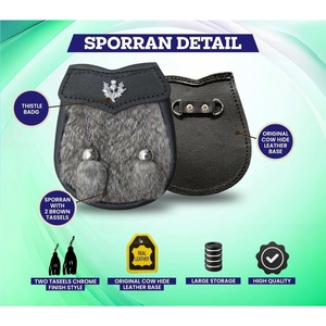 Sporran en cuir noir personnalisé avec fausse fourrure, chaîne métallique avant, pompons, emblème de gazon celtique, pochette classique pour kilt écossais des Highlands - Product Image 3