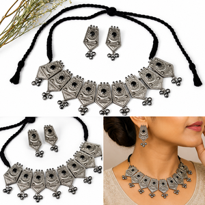Antique Silver Plated Brass Trendy Bohemian Lovers Anniversary Women's Necklace Earring Set Zircon Bezel Setting Handmade - Product Image 1