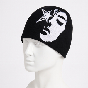 Gorro de Jacquard Negro Unisex de Tela Premium con Patrón de Caracteres Blancos, Estilo Urbano, Gorro de Invierno, Ropa Casual para Adultos - Product Image 1