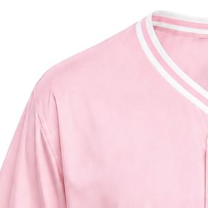 เสื้อเบสบอลสีชมพู แขนสั้น ติดกระดุมด้านหน้า คอวี แต่งแถบคู่ ปักโลโก้ตามสั่ง ชุดทีมกีฬา ชุดลำลองสำหรับเล่นกีฬา - Product Image 2