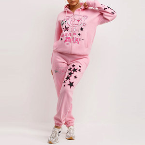Ensemble de survêtement rose à capuche pour femme avec imprimé ours et étoiles, fermeture éclair sur toute la longueur, vêtements de sport décontractés - Product Image 5