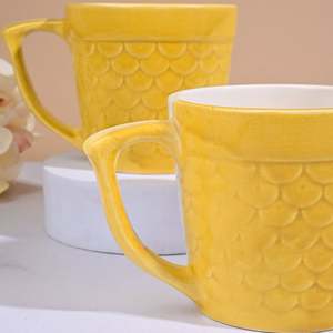 Sunlit Yellow Artistic Scale 400ml Glazed Ceramic Mug <b>Set</b> of 2 <b>Microwave</b> Safe with Creative Tray Design for Camping - Product Image 3