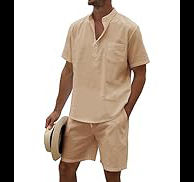 Conjunto de camisa Henley y pantalones cortos de lino y algodón para hombre, 2 piezas, ropa de playa, traje a juego para vacaciones, ropa de verano - Product Image 5
