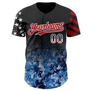 Maillot de baseball personnalisé noir avec drapeau américain, camouflage blanc-rouge dégradé, étoiles et rayures numériques, bicolore, authentique, 100% polyester, col en V - Product Image 1