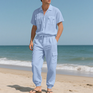 Ensemble chemise décontractée en coton bleu clair pour homme, tenue d'été respirante en deux pièces, couleur unie avec poches - Product Image 3