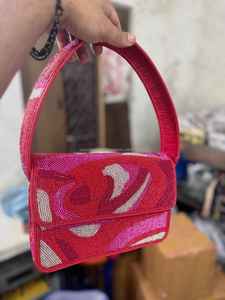 Handmade Glass Beaded Floral Shoulder Bag with Digital Printing Customized Shape Green Leaves White Base Crafted with Care - Product Image 4