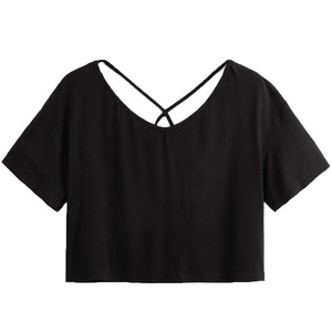 Black <b>Cross</b> Back Crop Blouse Short Sleeve Women T Shirt Casual Summer <b>Top</b> for women 100% Cotton Cropped Ladies Tee Women - Product Image 1