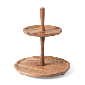 Support à gâteau à 2 niveaux en bois d'acacia naturel avec poignée, plateau de service rond multi-usages pour desserts, pour mariage et décoration de fête - Product Image 1