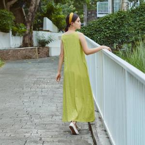 Vestido largo bohemio de mezcla de algodón y lino para mujer, color verde lima, sin mangas, corte holgado, transpirable, vestido largo de verano - Product Image 2