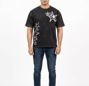 T-shirt à manches courtes noir pour homme avec motif étoile blanche, coupe classique, col rond, jersey décontracté en coton - Product Image 1