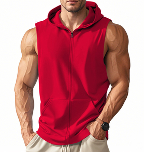 Zipper-Up <b>Sleeveless</b> Winter Outdoor Sports <b>Hoodie</b>-100% Cotton Plain Dyed - Product Image 4