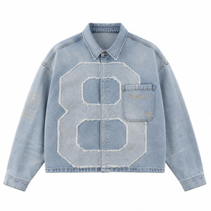 High Quality Premium Bling Varsity 8 Jean <b>Jacket</b> Slouchy Cropped Hip Hop Streetwear Washed Cotton Denim Shirt - Product Image 3