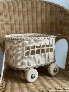 Handmade rattan Wicker Trolley With Wooden Wheels <b>For</b> Baby 0-3 Years Old - Product Image 3