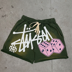 Shorts en toile personnalisés pour hommes, respirants, taille mi-haute élastique, logo vieilli, délavés à l'acide, entrejambe de 5 pouces, style décontracté urbain, très tendance - Product Image 1