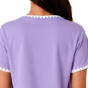 Camiseta de Mujer con Bordado Floral de Lavanda, Ribete en Contraste Blanco, Cuello Redondo, Manga Corta, Estilo Casual, OEM, ODM, Personalizable - Product Image 6