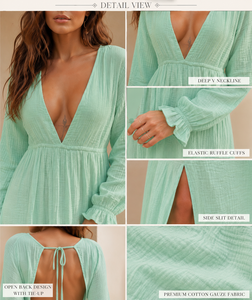 Vestido Maxi de Gasa de Algodón Verde Menta para Mujer, Cuello en V Profundo, Manga Larga, para Vacaciones en la Playa, Vestido de Verano - Product Image 5