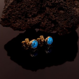 Boucles d'oreilles clous en turquoise naturelle, argent sterling 925 plaqué or 14 carats, cabochon bleu, bijoux sans nickel pour femme - Product Image 5