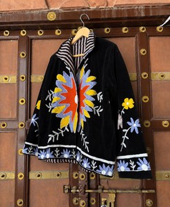 Showcase Rich Detail Indian Art <b>Sunflower</b> <b>Embroidered</b> Velvet Jacket Black Floral Boho Coat Artisan Suzani Statement Outerwear - Product Image 3